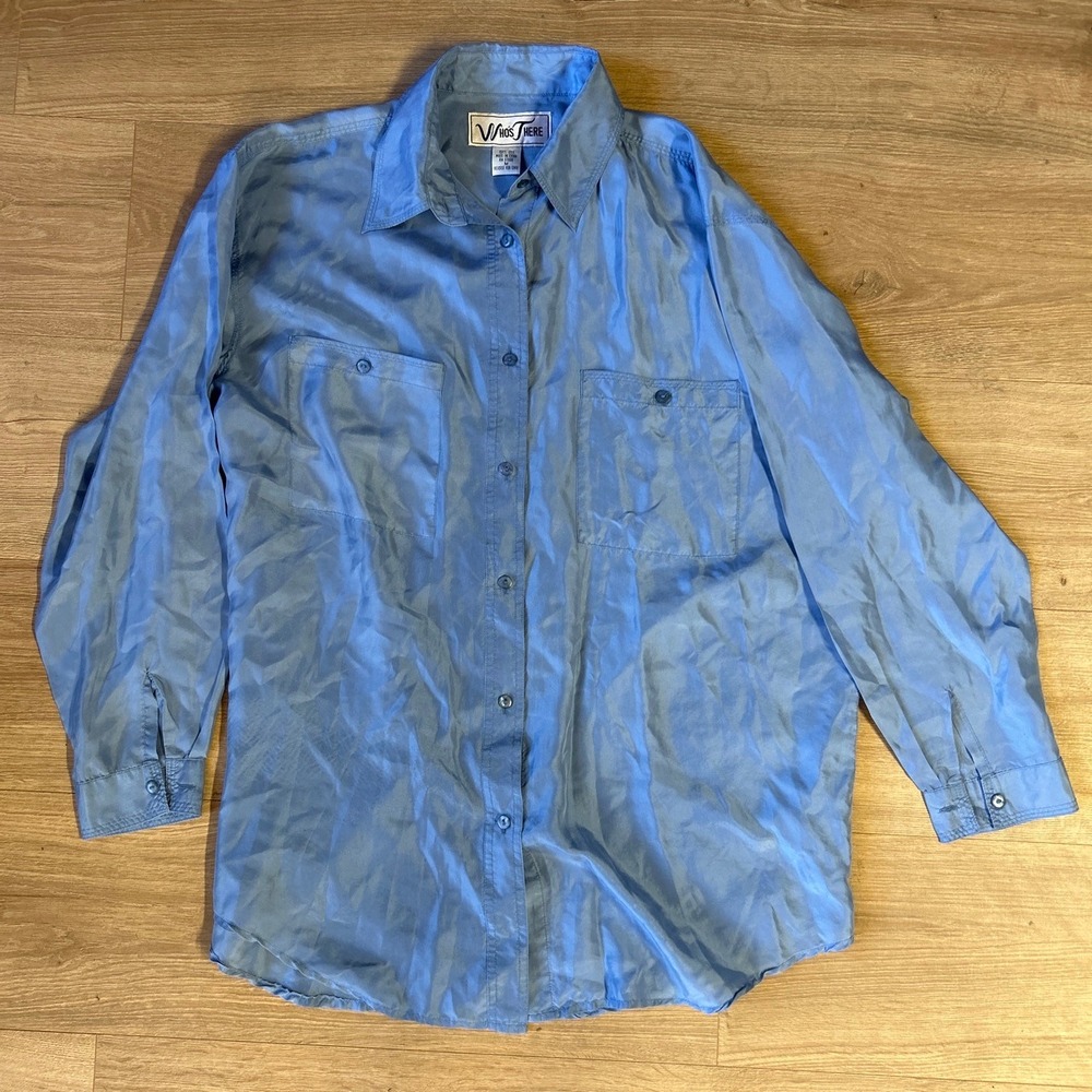 Whos There Vintage 100% Silk Button Down Shirt Blue Oversized Blouse Medium a